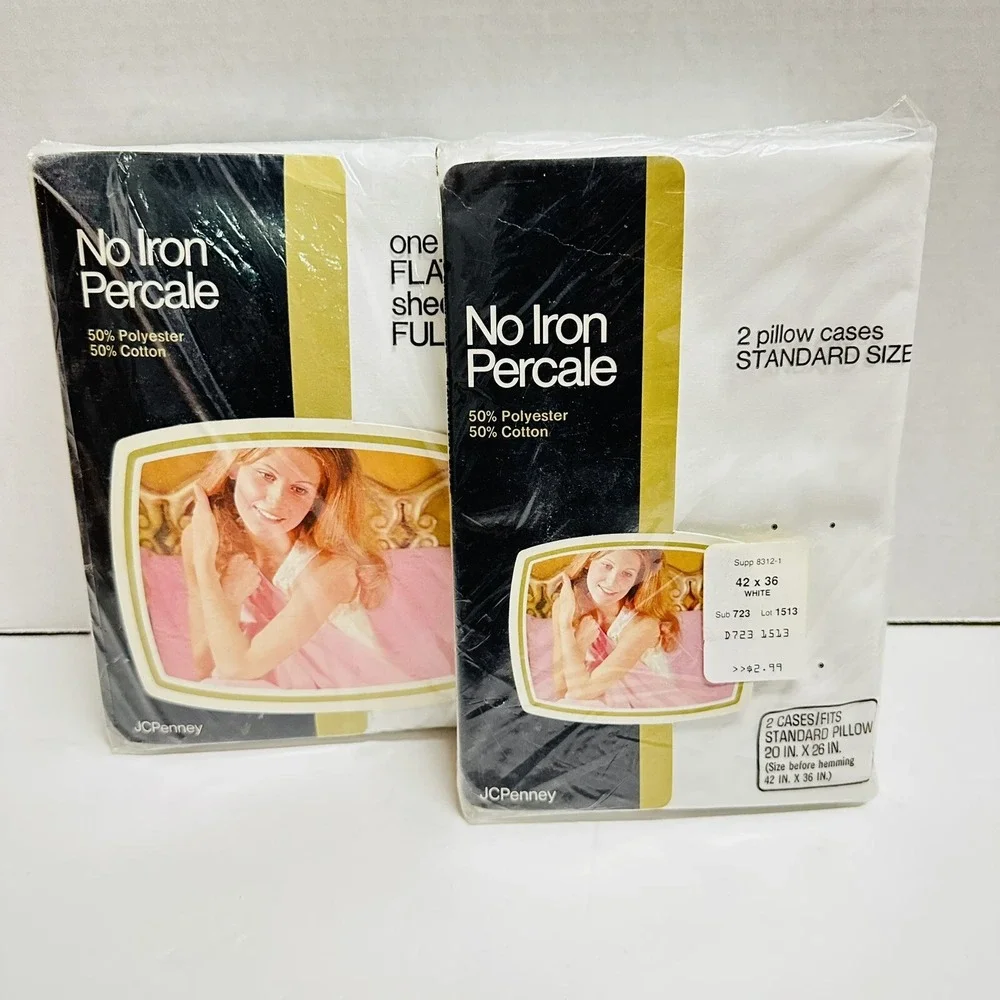 Vtg Fashion Manor No Iron Percale Full Flat Sheet & Pillowcases White NEW NOS